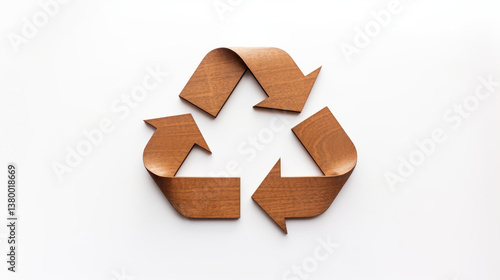 A creatively designed recycling symbol made from wood is displayed on a clean white background, emphasizing eco-friendliness and sustainability principles in a modern artistic way