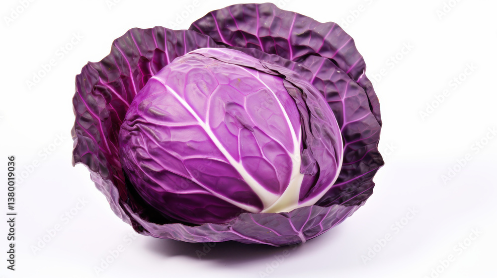 A fresh purple cabbage rests isolated on a pristine white background. Its vibrant colors and intricate leaf patterns highlight its natural beauty, suitable for cooking or garnishing dishes A fresh purple cabbage rests isolated on a pristine white background. Its vibrant colors and intricate leaf patterns highlight its natural beauty, suitable for cooking or garnishing dishes