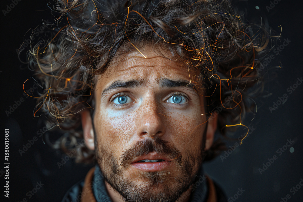 Fototapeta premium Mesmerizing Gaze. Man with Sparkling Hair and Vivid Eyes on Dark Backdrop