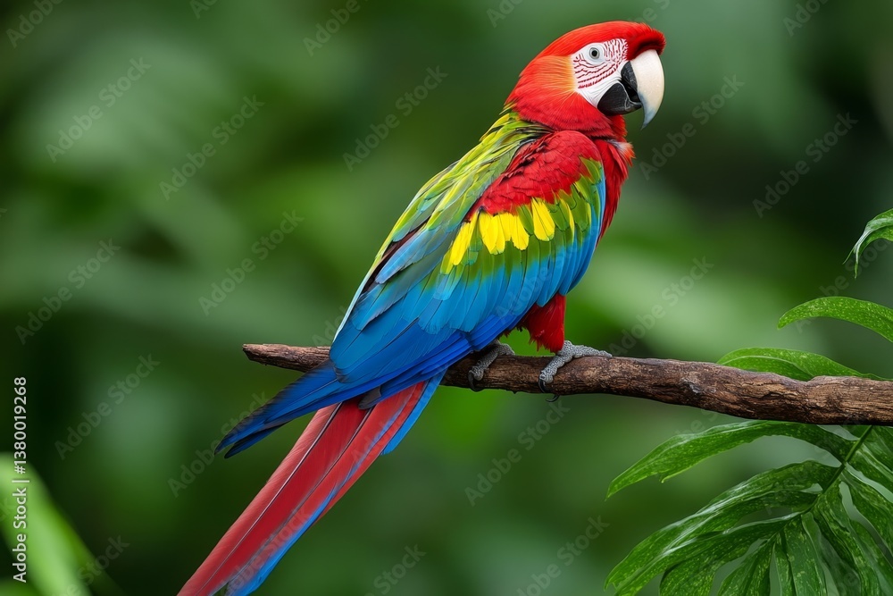 A stunning red macaw perched on a branch in a lush green rainforest A stunning red macaw perched on a branch in a lush green rainforest