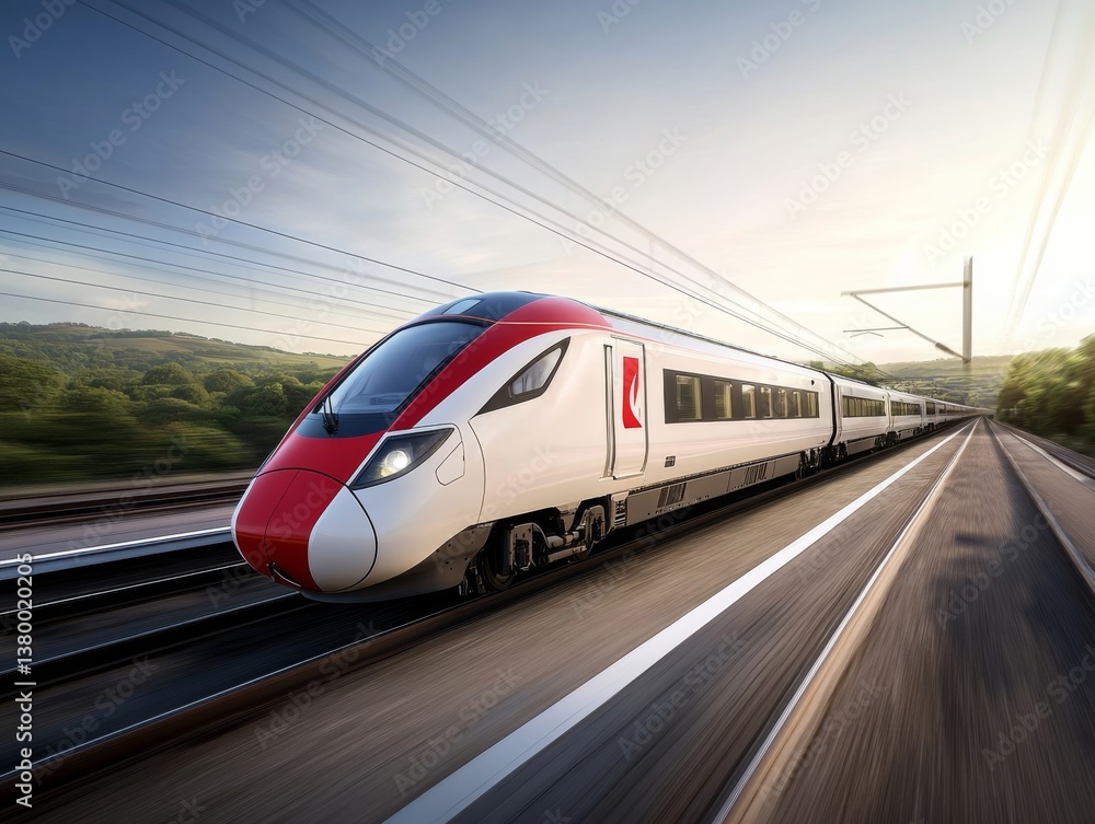 Naklejka premium A sleek high-speed train glides swiftly along the tracks, showcasing motion blur and vibrant green hills under bright skies, capturing the essence of modern travel