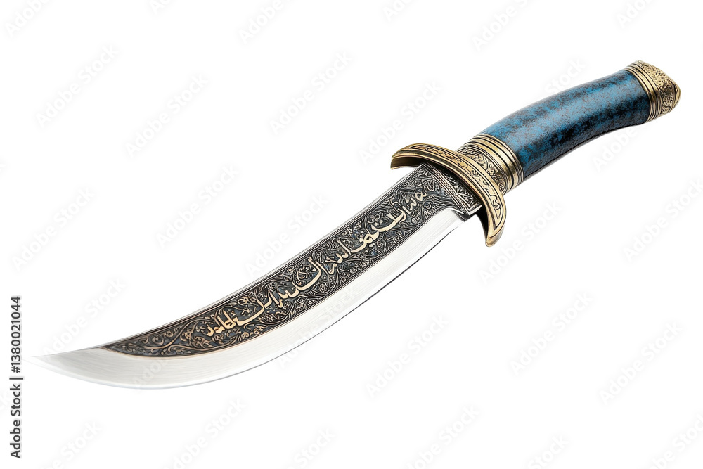 Ornate traditional dagger with an engraved blade displayed on a white background Ornate traditional dagger with an engraved blade displayed on a white background