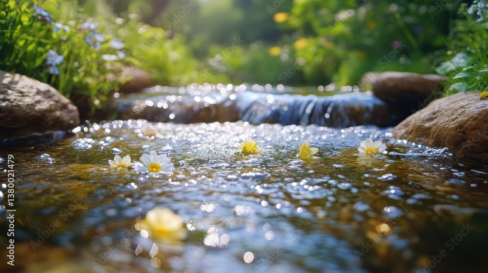 Fototapeta premium Tranquil stream with yellow daisies and flowing water in sunlit garden
