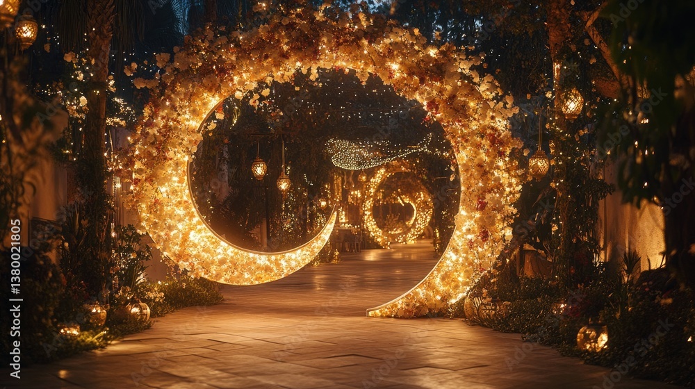 A glowing crescent-shaped archway made from delicate flowers and golden lights A glowing crescent-shaped archway made from delicate flowers and golden lights