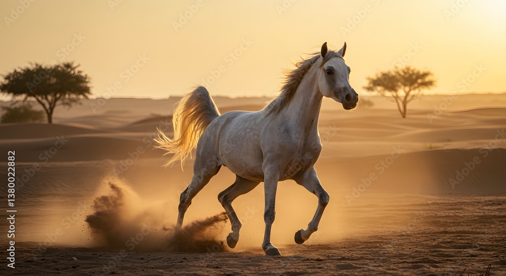 Obraz premium Majestic White Arabian Horse Galloping in the Desert