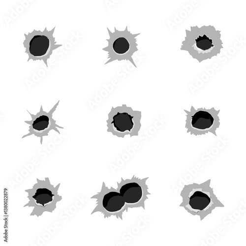 Bullet hole gun shot weapon mark silhouette, impact gun, bullet hole gunshot. Damage from shoot.