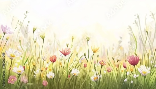 Blooming Wildflowers in a Spring Meadow Under Soft Natural Light
