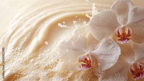 Creamy splashes with white orchid blooms in luxurious liquid