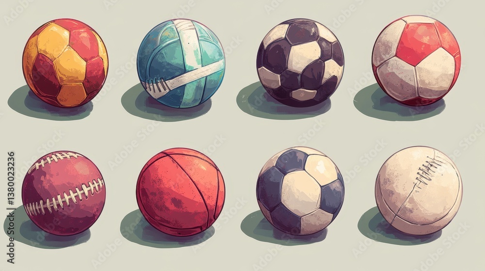 Fototapeta premium Collection of various vintage sports balls on plain background