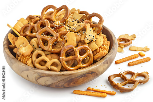 pretzels in a bowl, Rustic Wooden Bowl Filled With Assorted Colorful Snack Mix