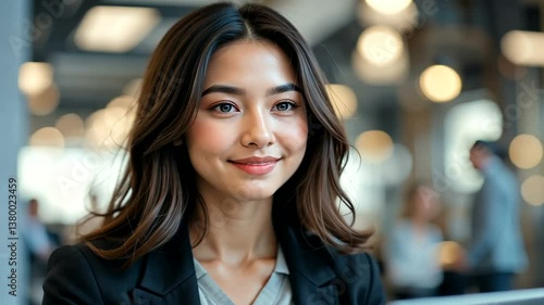 Wallpaper Mural Young professional woman smiling while working on a laptop in a modern office with colleagues in the background Torontodigital.ca