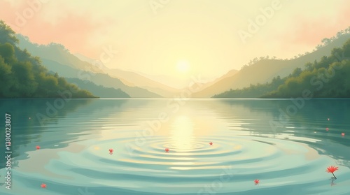 Tranquil lake at dawn with ripples and lotus flowers. Serene landscape, ideal for meditation and nature themes.