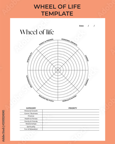Minimalist Wheel of life balance. Vector printable template. Coaching tool. Diagram with blank lines to fill. Coaching tool for bullet journal page, daily planner template, blank for notebook.