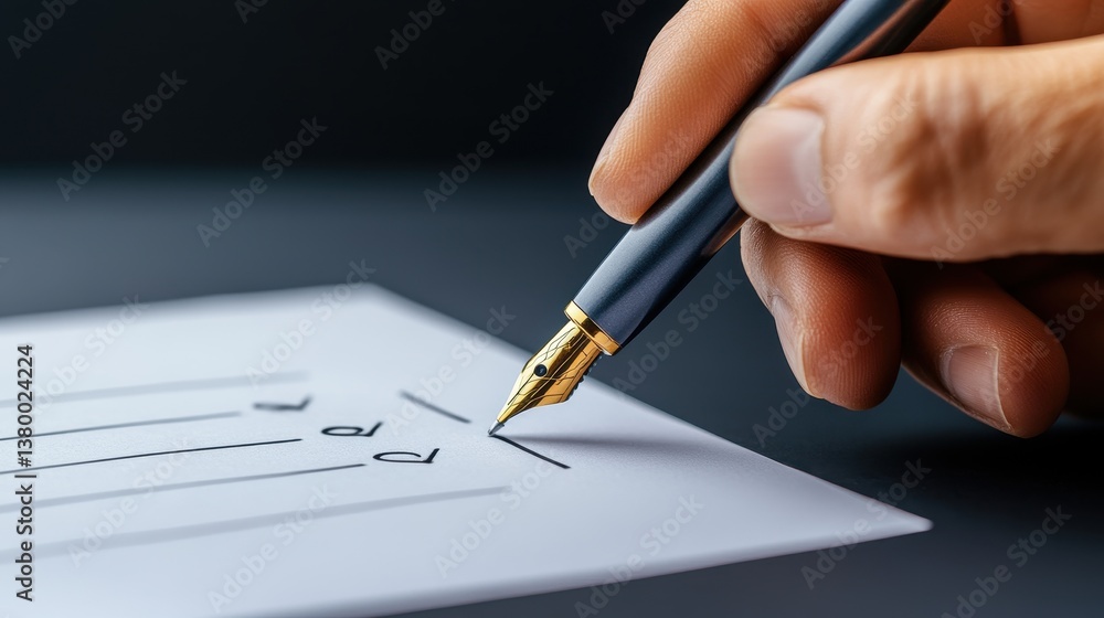 Close-up of hand signing document with elegant fountain pen Close-up of hand signing document with elegant fountain pen