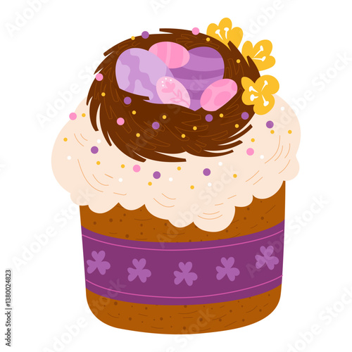 Vector illustration of a stylish Easter cake topped with a chocolate nest and colorful eggs, designed in pastel color palette