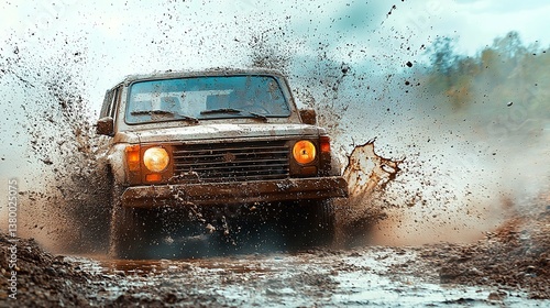 A vehicle speeding through muddy water is shown in action