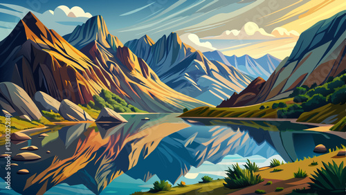 Serene lake reflecting rocky hills in rural , wonderful springtime landscape in mountains