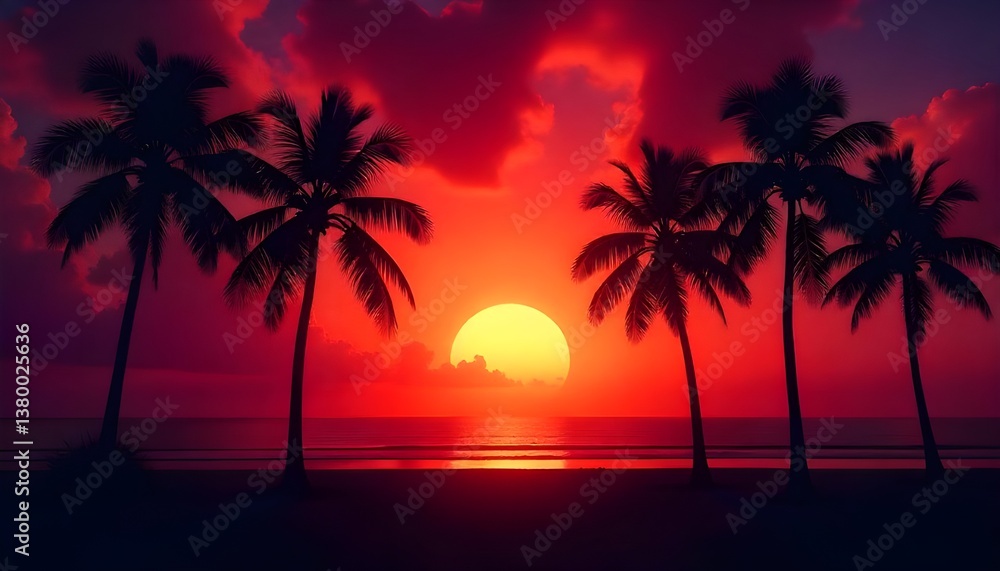 Dark silhouettes of palm trees standing tall against a vibrant tropical sunrise or sunset, perfect for summer concept Dark silhouettes of palm trees standing tall against a vibrant tropical sunrise or sunset, perfect for summer concept
