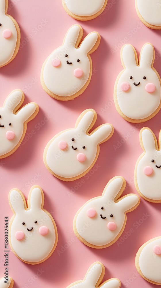Cute kawaii bunny face easter cookies on pink background for holiday celebrations Cute kawaii bunny face easter cookies on pink background for holiday celebrations