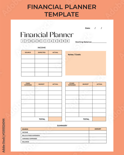 Minimalist Financial Planner. Personal Budget Template. Budget, Saving, Income, Expenses, Account, Credit Card. Coaching tool. Aesthetic Vector Printable Template.