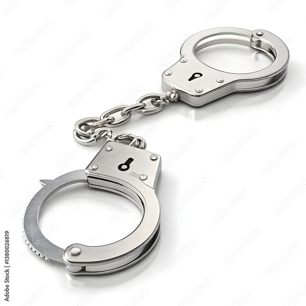 pair of metallic silver handcuffs connected by a chain. pair of metallic silver handcuffs connected by a chain.