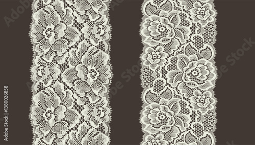 Lace trim featuring two large flowers and small flowers arranged in a criss-cross pattern