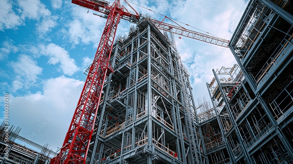 Fototapeta premium The Tall Building Frame Rises Up With The Big Crane Present