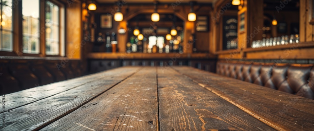 Obraz premium Rustic Wooden Table in a Traditional Pub Setting.