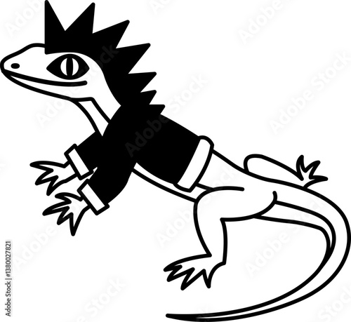 isolate black and white illustration of Lizard with a spiked hair and a leather jacket