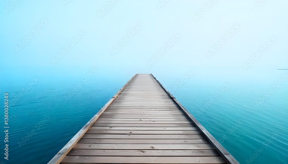 An empty wooden pier extending into a calm blue sea, with soft ripples on the water surface, perfect for summer concept An empty wooden pier extending into a calm blue sea, with soft ripples on the water surface, perfect for summer concept