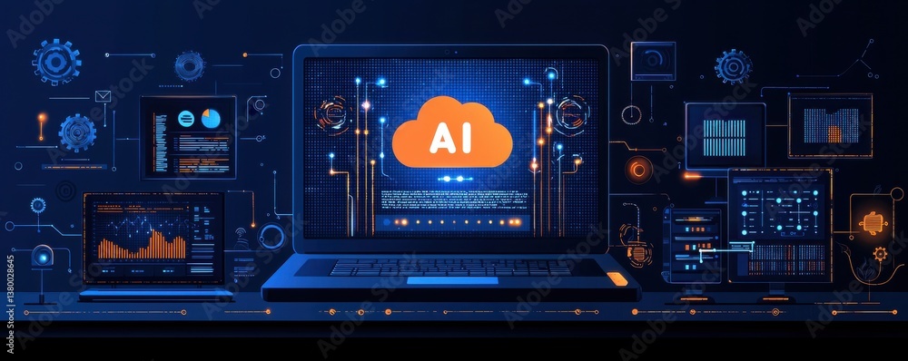 Artificial intelligence and data processing concept with laptop and digital elements Artificial intelligence and data processing concept with laptop and digital elements