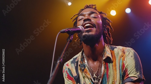 Man singing, performing on stage under colorful lights, in a concert setting