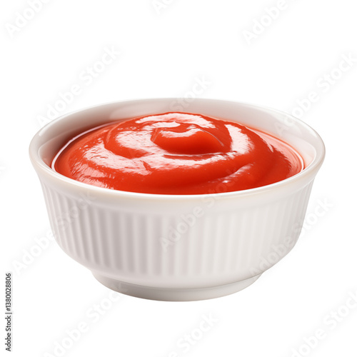 ketchup sauce in White dip cup, mini dipping ceramic bowl isolated on transparent background.