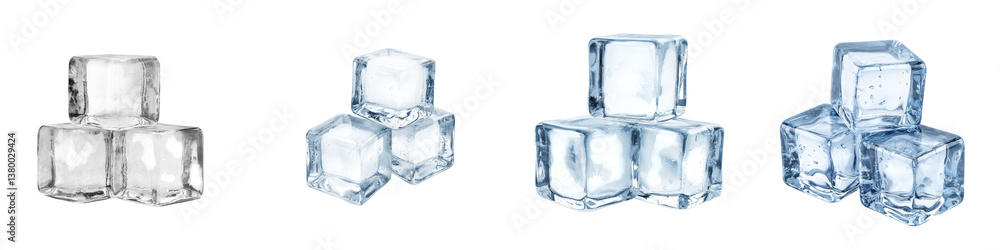 A collection of transparent frozen water cubes in various sizes and arrangements A collection of transparent frozen water cubes in various sizes and arrangements