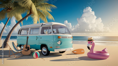 Retro Camper Van Parked on a Tropical Beach