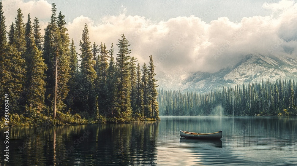 Naklejka premium Solitary Canoe on Serene Lake Amidst Majestic Mountainous Landscape