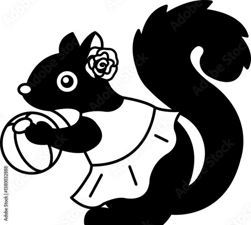 isolate black and white illustration of Squirrel in pink dress