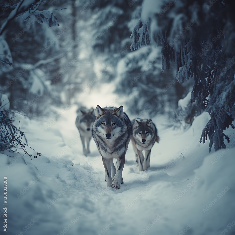 A family of wolves walking through the snow A family of wolves walking through the snow