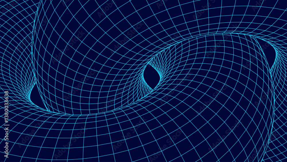 Obraz premium Abstract geometric wireframe tunnel. 3D funnel, wormhole or vortex. Technology vector background. Vector illustration.