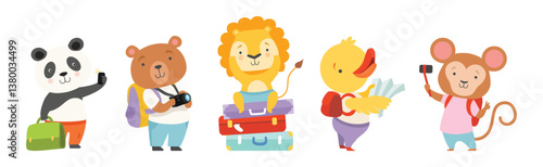 Funny Animal Tourist or Travelers with Bag Vector Set