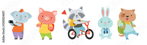 Funny Animal Tourist or Travelers with Bag Vector Set