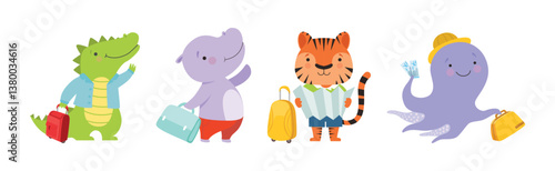 Funny Animal Tourist or Travelers with Bag Vector Set