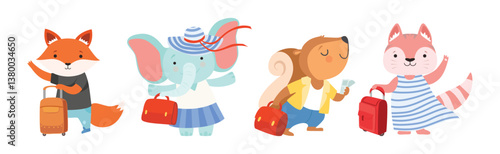 Funny Animal Tourist or Travelers with Bag Vector Set