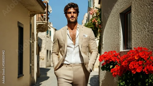 A fashion shoot featuring a man in a linen suit, posing on a picturesque Italian street.