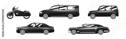 Government Guard Vehicles and Black Presidential Auto with Siren Vector Set