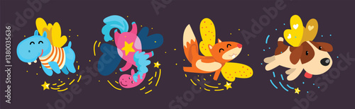 Funny Animal Fairy or Pixie with Wings Vector Illustration Set