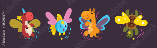 Funny Animal Fairy or Pixie with Wings Vector Illustration Set
