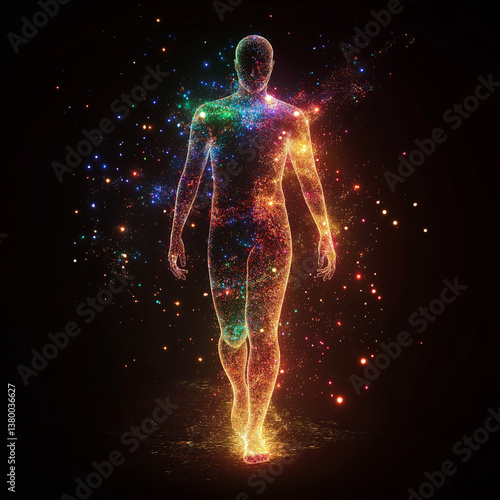 human figure, portrayed as a transparent silhouette filled with colorful, glowing particles. The figure radiates an ethereal and cosmic energy, symbolizing themes of spirituality and connection.