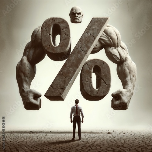 Muscular percentage symbol looming over a businessman for financial power and strength concept