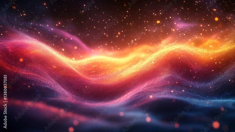 Ethereal cosmic waves glow with vibrant colors and glittering particles Ethereal cosmic waves glow with vibrant colors and glittering particles